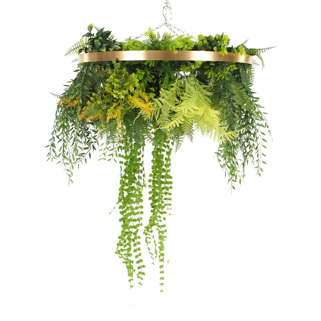 Imitation Gold Artificial Hanging Green Wall Disc Draping Plant Arrangement 24in – Limited Edition – UV Resistant