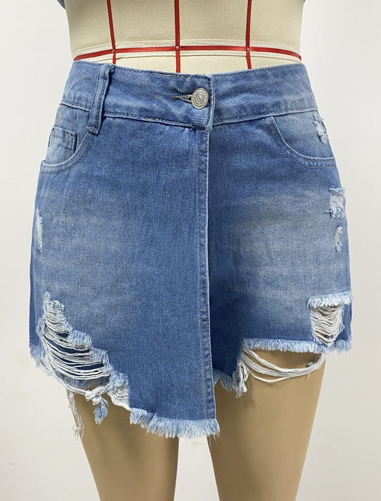 Summer Casual Washed Broken Holes Pants Skirt Light Blue Women Denim Shorts