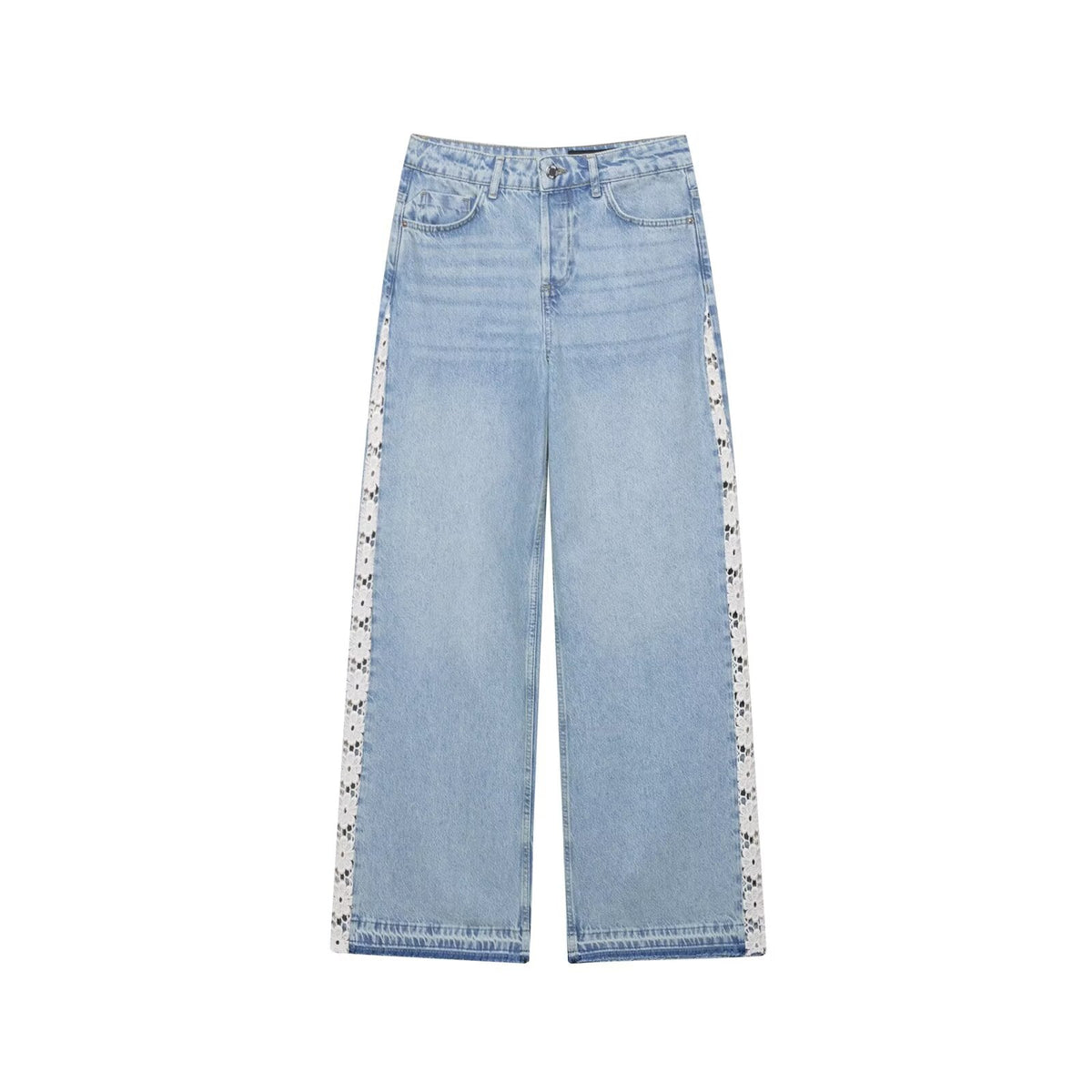 Women Clothing Spring Autumn Crochet Stitching High Waist Wide Leg Jeans