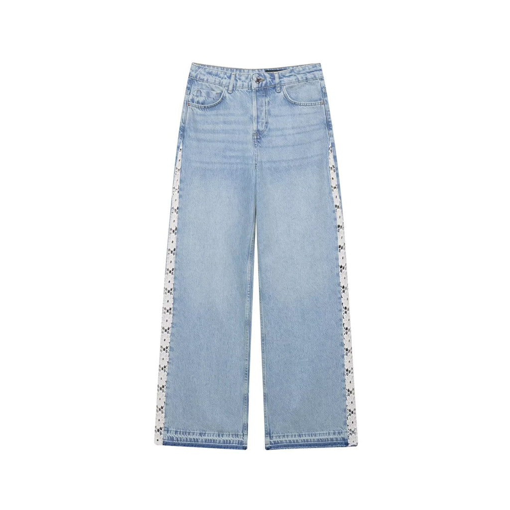 Women Clothing Spring Autumn Crochet Stitching High Waist Wide Leg Jeans