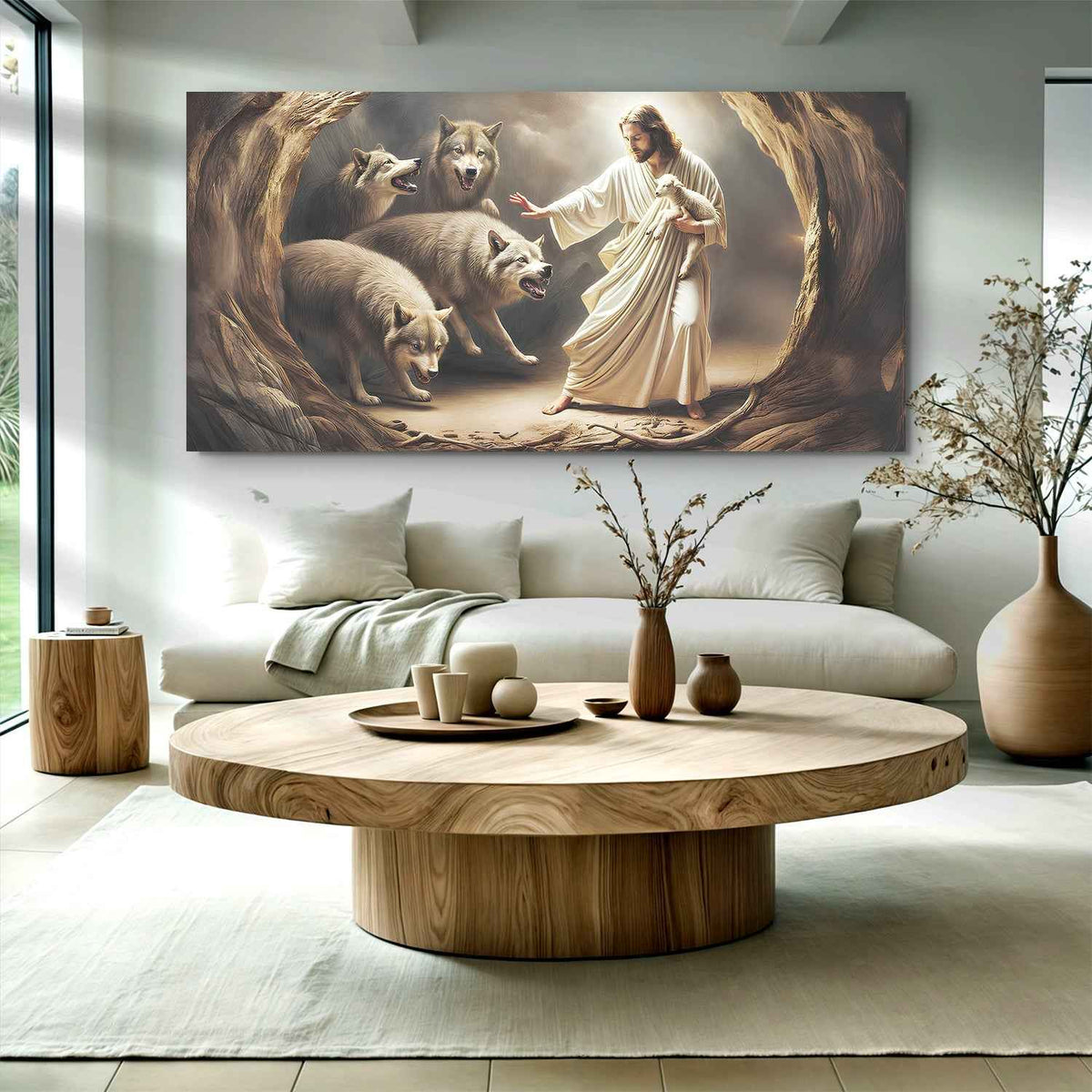 Jesus Protects The Lamb From Wolves Faith Wall Art III