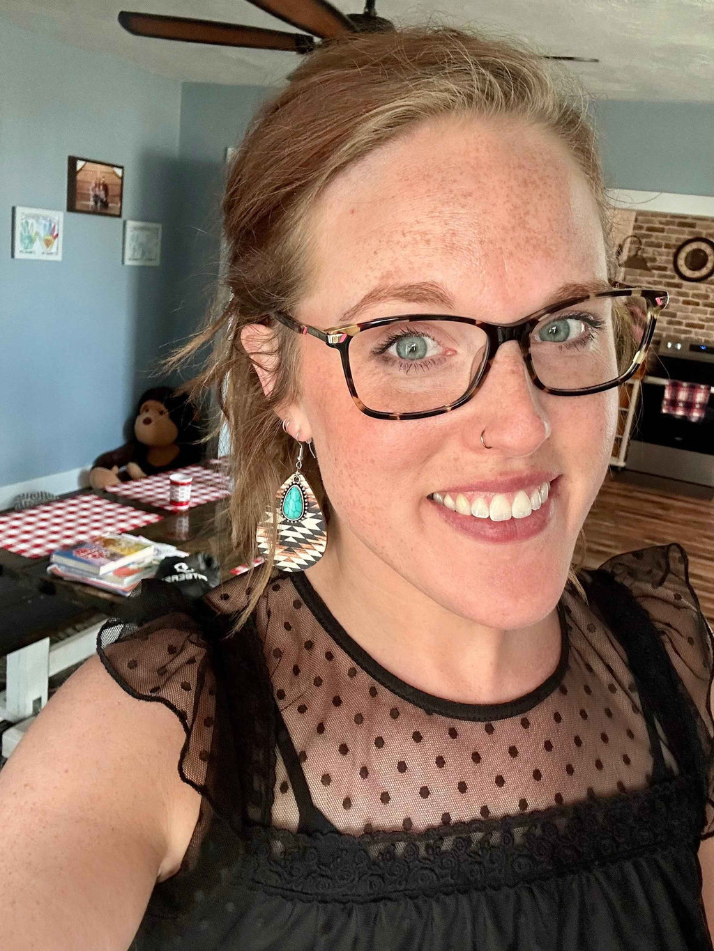 Aztec Pattern Wood and Turquoise Drop Earrings