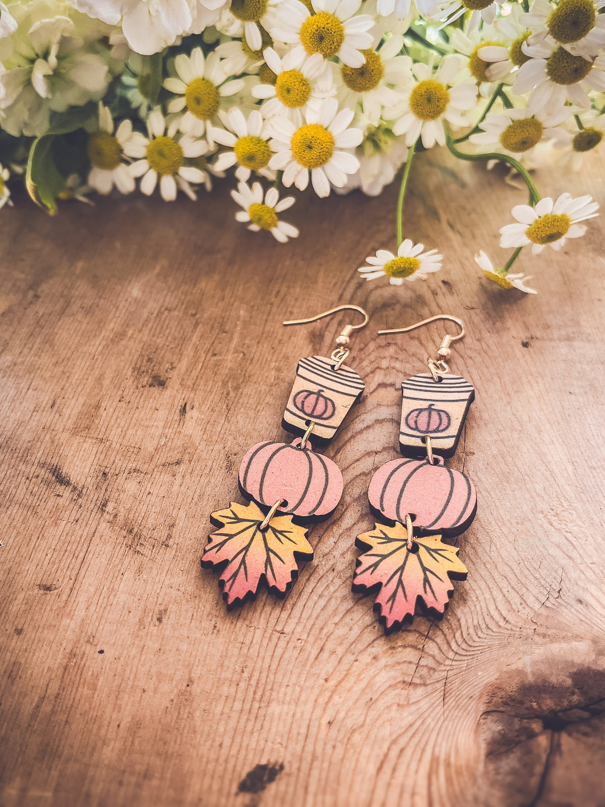 Adorable Fall Pumpkin Spice Coffee Wood Earrings