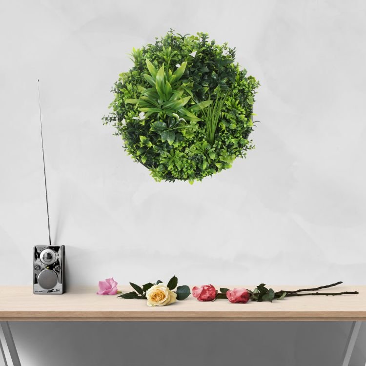 Artificial Green Wall Disc 20in – White Frame – UV Resistant – Commercial Grade