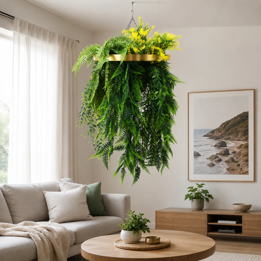Artificial Hanging Plant Chandelier – Bright Tropical Foliage Circular Ring (25.6in long) Gold Frame – UV Resistant