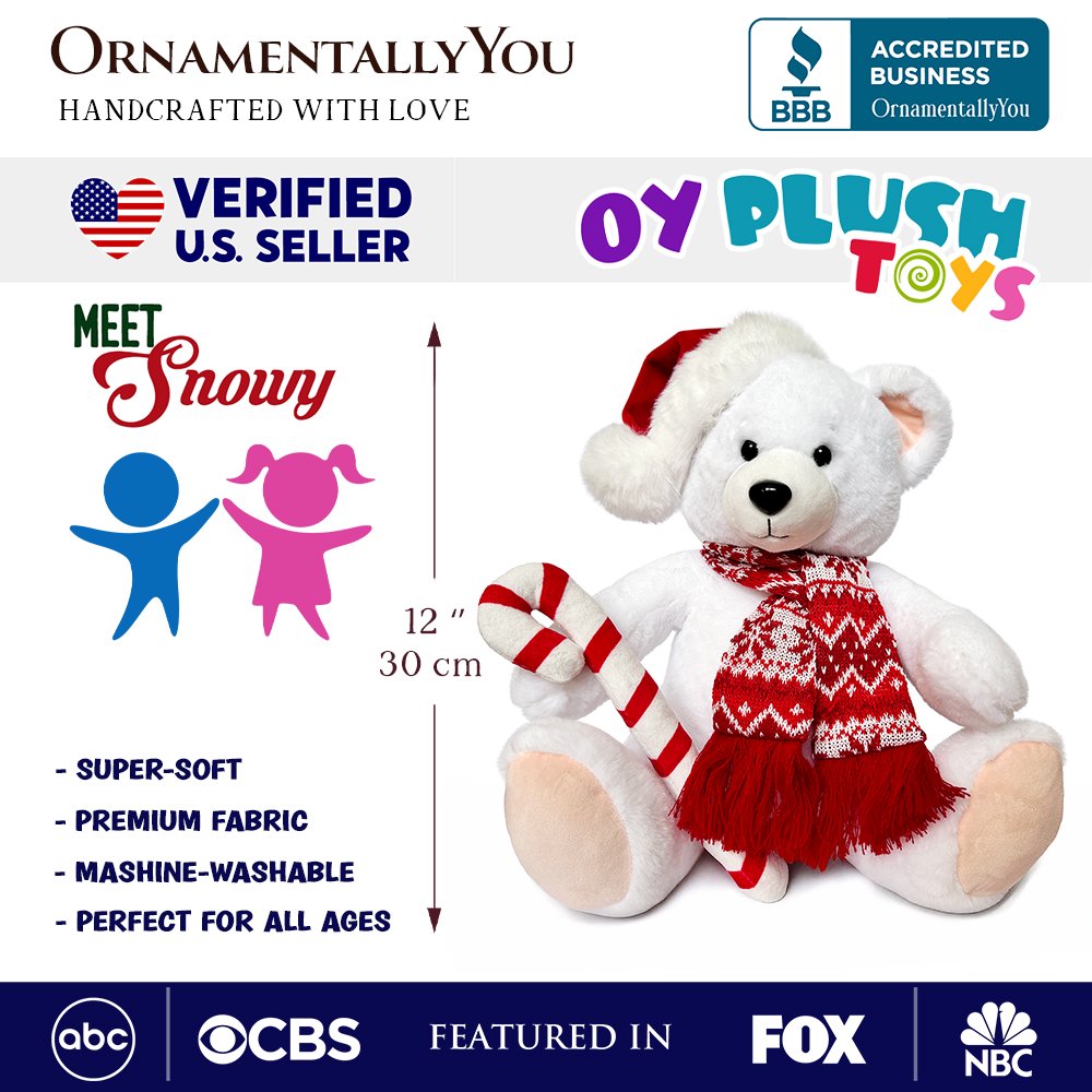 Snowy the Polar Bear Plushie, Cute Kids’ 12" Christmas Stuffed Toy, Santa Hat and Candy Cane