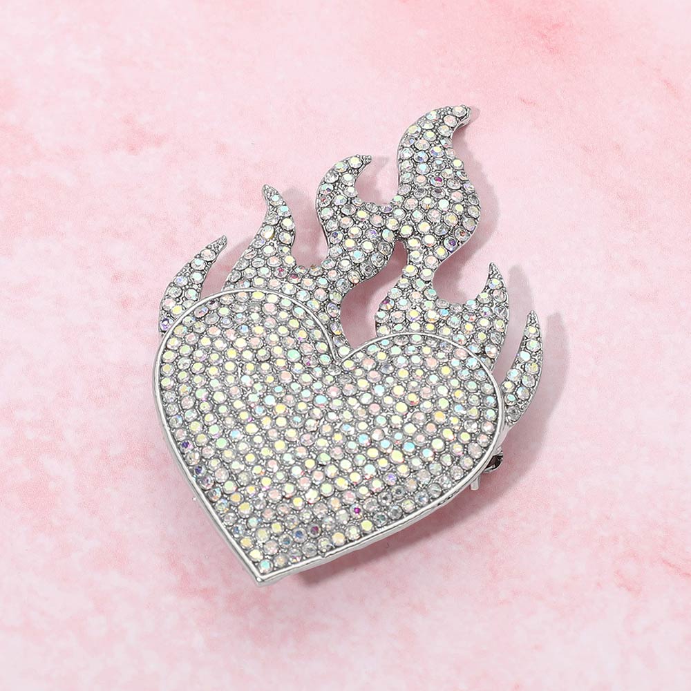 Rhinestone Pave Flame Heart Pin Brooch