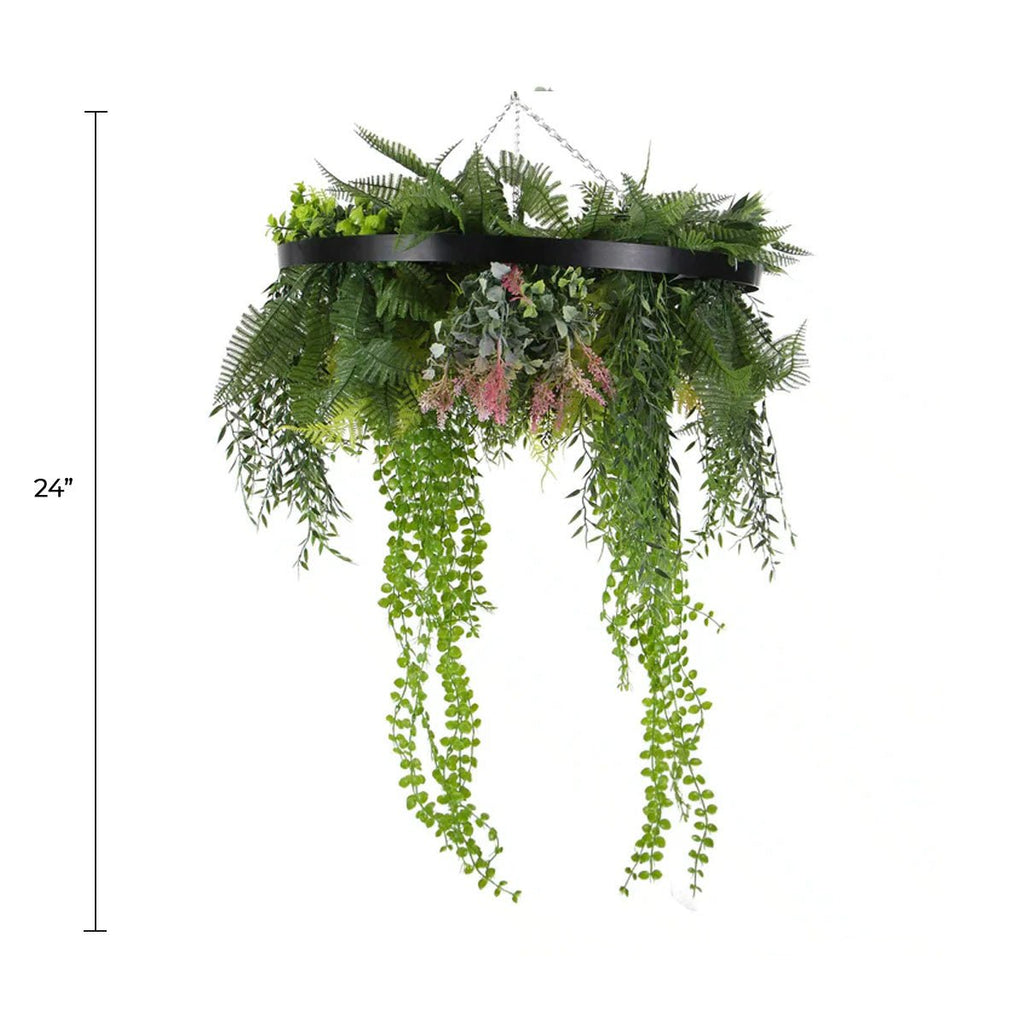 Draping Plant Arrangement Artificial Roof Hanging Disc 24in – Black Frame – UV Resistant
