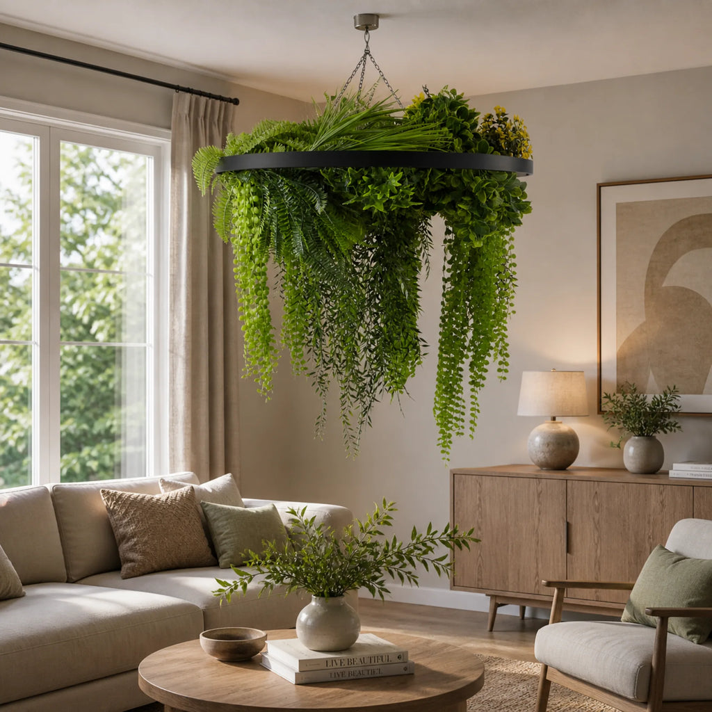 Artificial Hanging Plant Chandelier – Draping Fern Circular Ring (33in long) Black Frame – UV Resistant