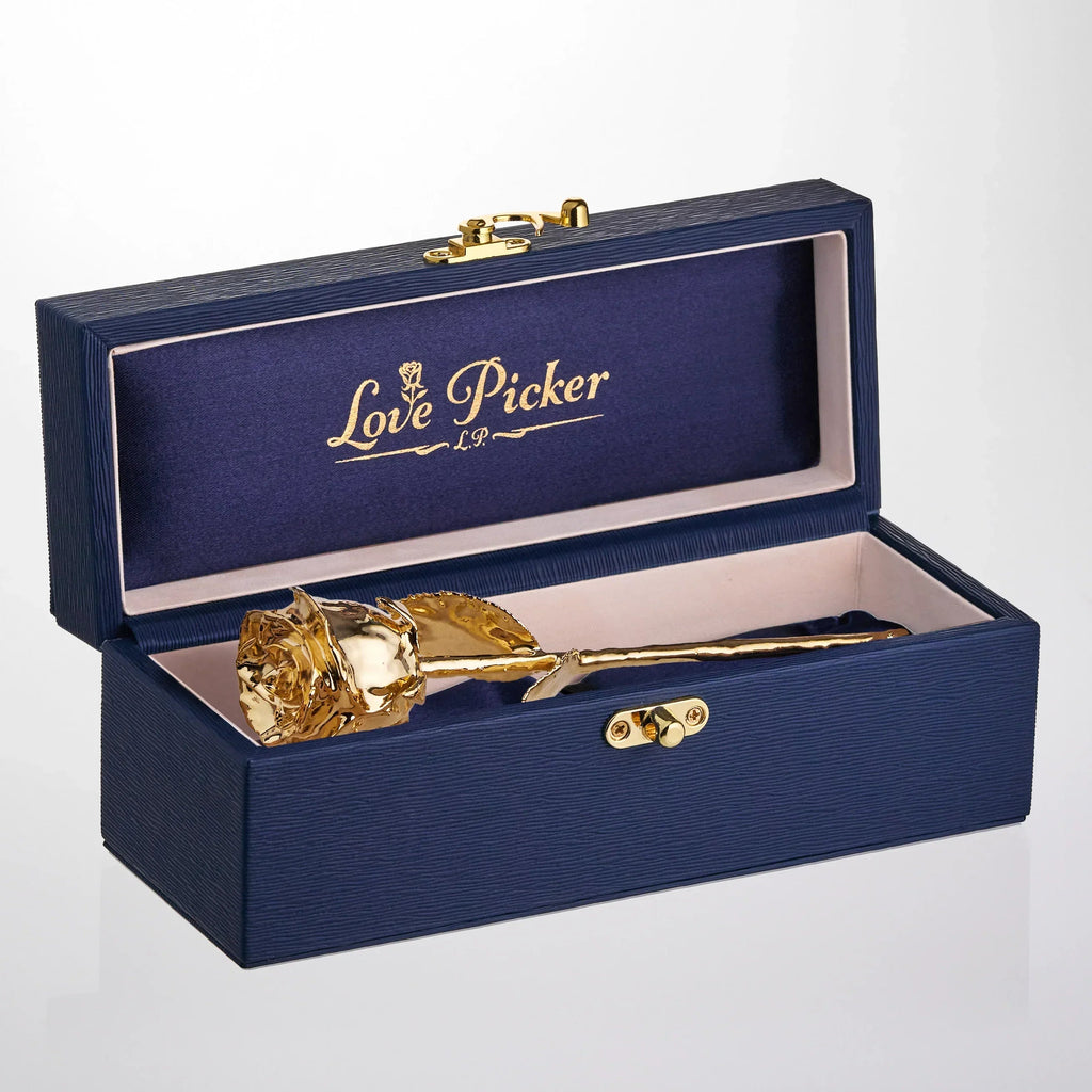 24K Gold Dipped Natural Rose 7" - Midnight Blue Vegan Leather Gift Box