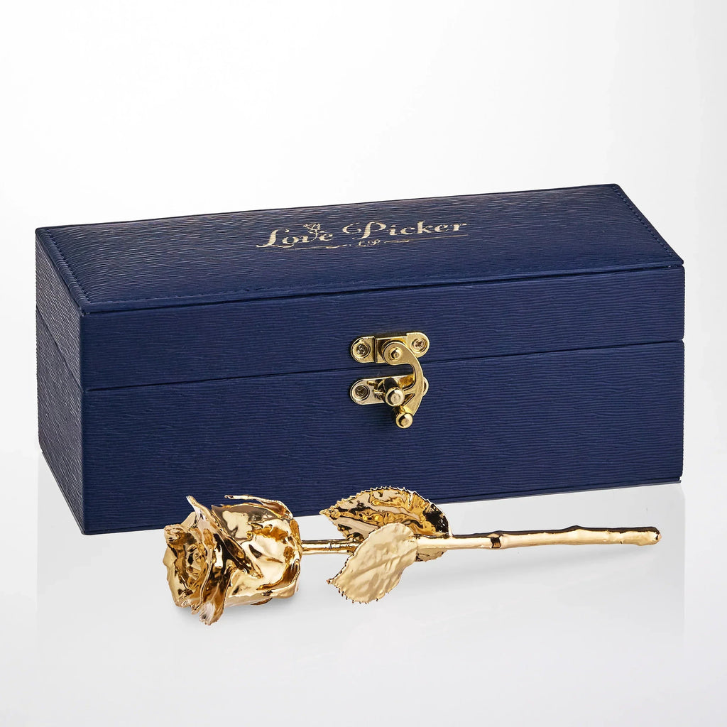 24K Gold Dipped Natural Rose 7" - Midnight Blue Vegan Leather Gift Box