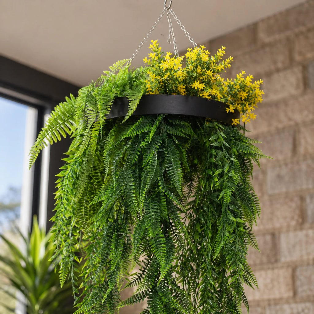 Bright Tropical Foliage Artificial Hanging Disc Draping Plant Arrangement 25.6in long – Black Frame – UV Resistant