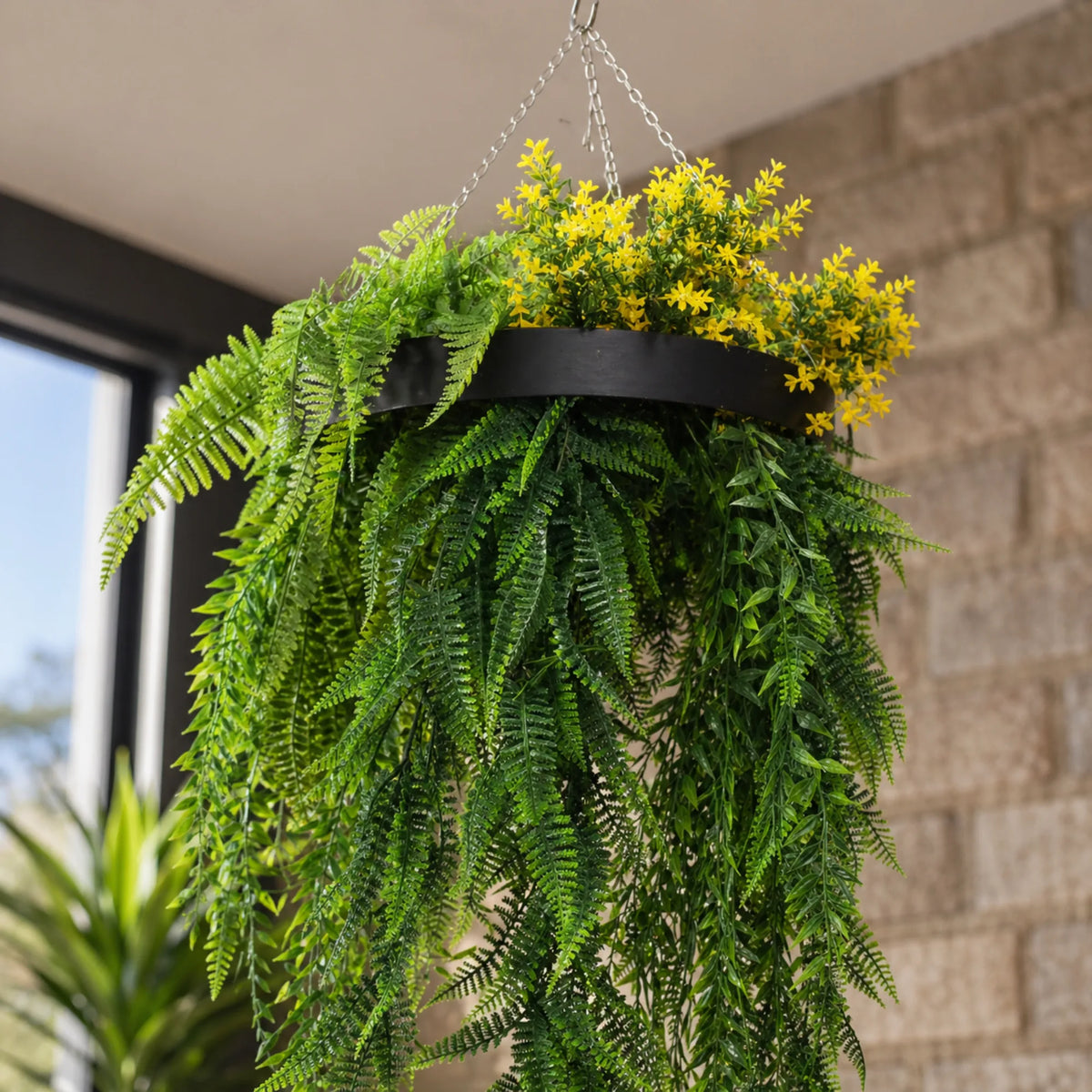 Bright Tropical Foliage Artificial Hanging Disc Draping Plant Arrangement 25.6in long – Black Frame – UV Resistant