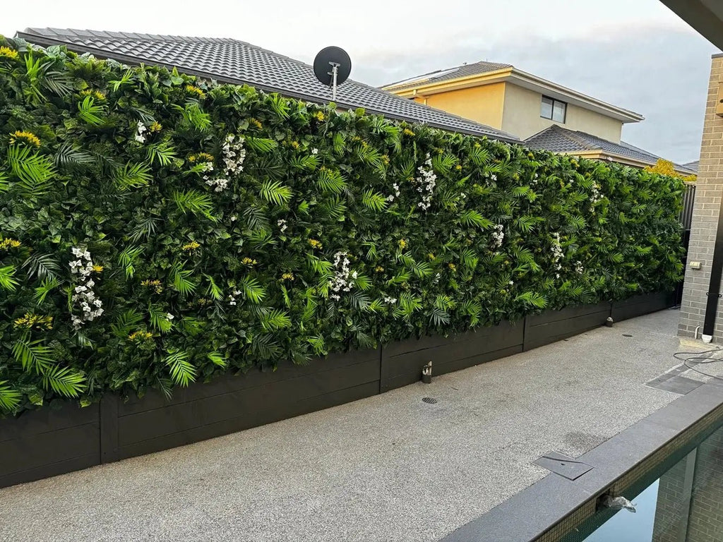 Hawaiian Sunrise Flowering Artificial Vertical Garden Green Wall Panel 40×40in 11 SQ FT – UV Resistant – Commercial Grade