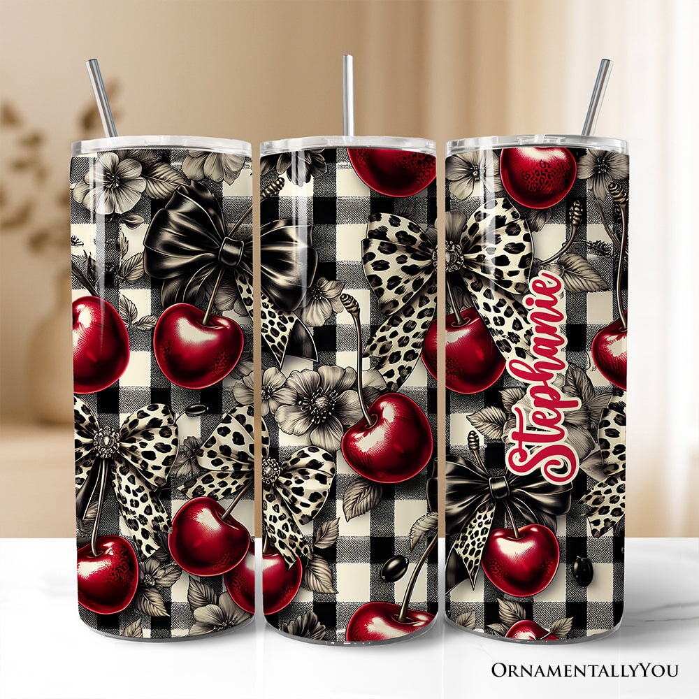 Coquette Cherries And Bows 20oz Personalized Tumbler With Lid and Stainless Steel Straw, Vintage Girly Buffalo Plaid Gift Cup