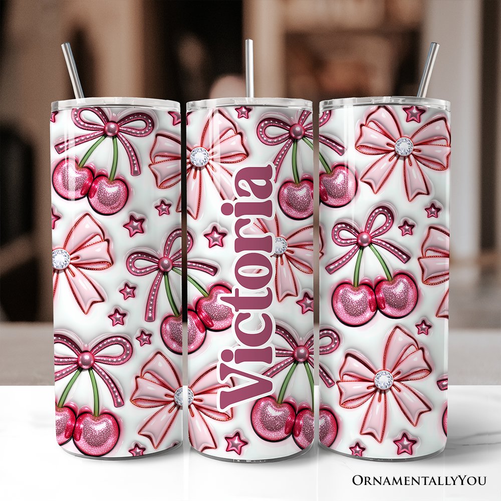 Coquette Cherry Bows 3D Inflated Tumbler With Lid and Stainless Steel Straw, Spring Floral Travel Mug Gift