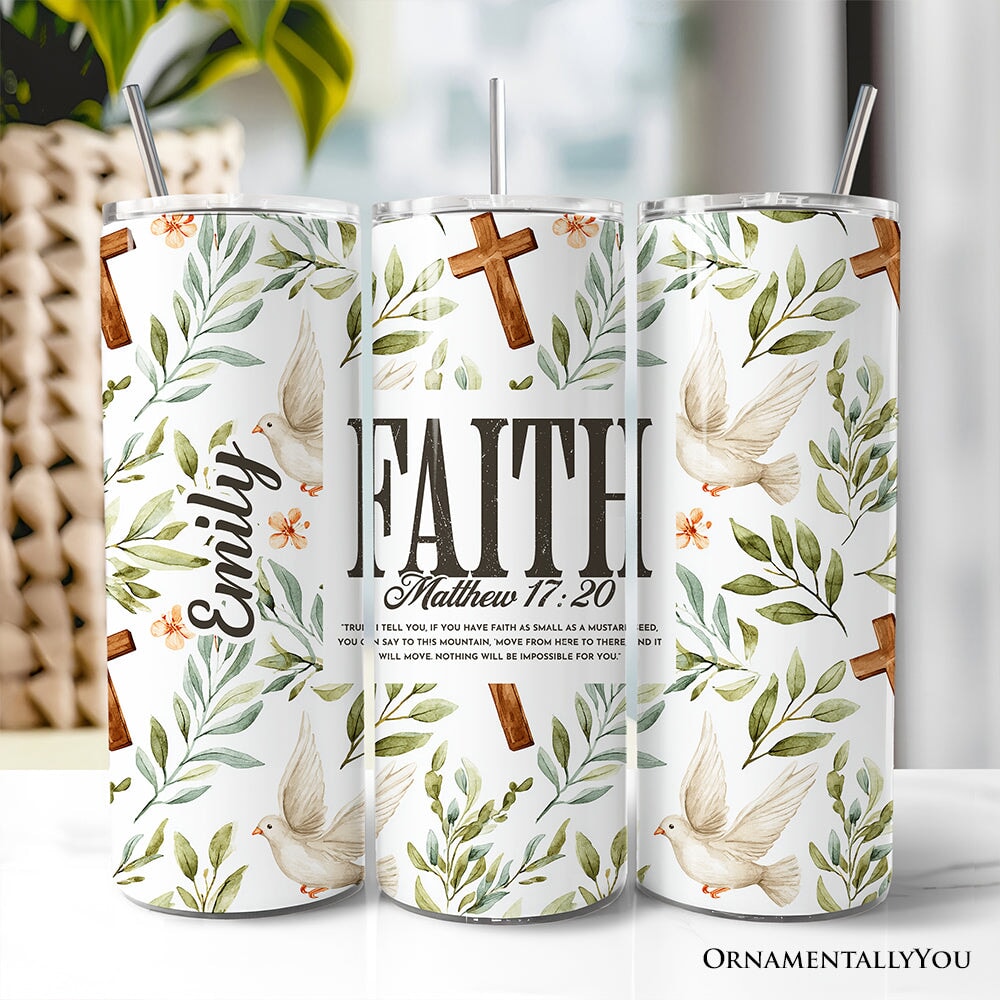 Faith Matthew 17:20 Christian 20oz Personalized Tumbler With Lid and Stainless Steel Straw, Bible Verse Inspirational Gift Cup