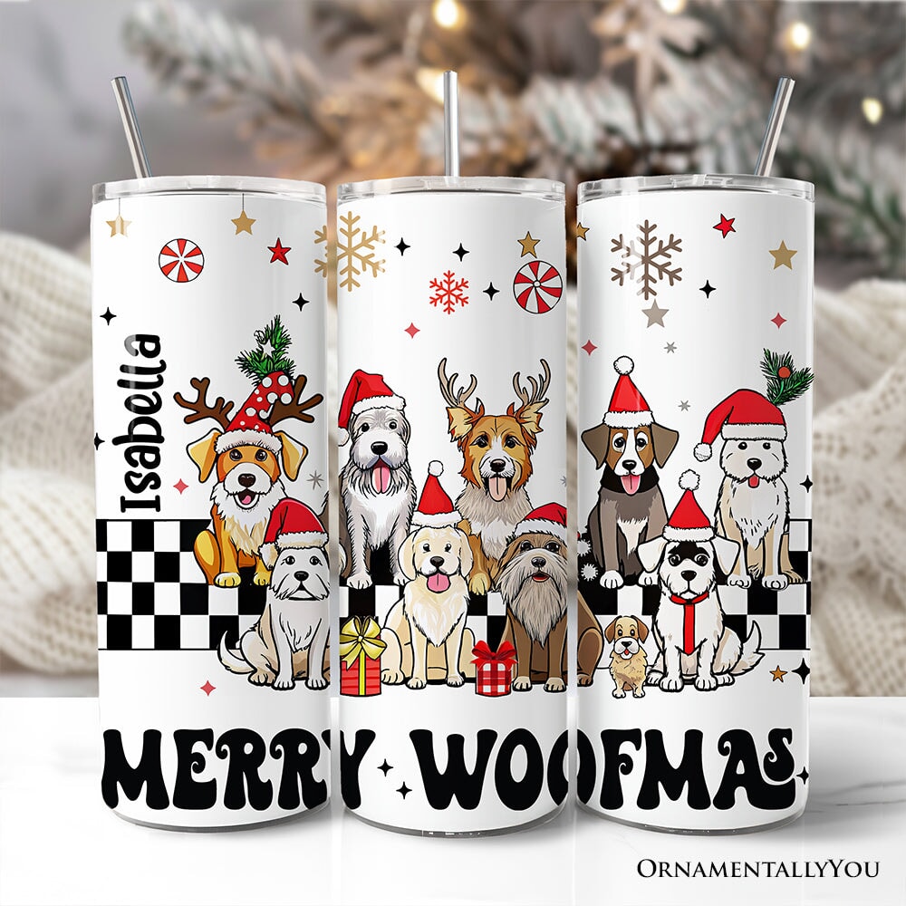 Funny Merry Woofmas 20oz Personalized Tumbler With Lid and Stainless Steel Straw, Dogs With Santa Hats Christmas Gift Cup