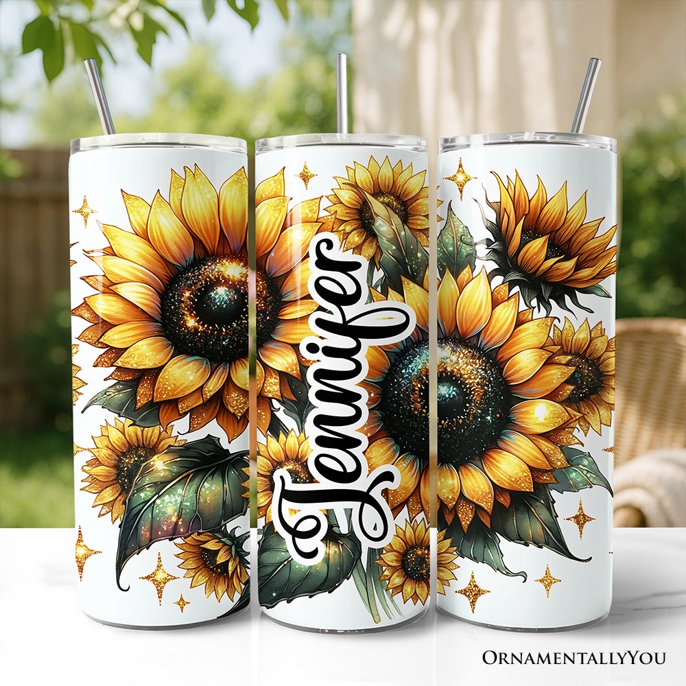 Glittered Sunflower Pattern 20oz Personalized Tumbler With Lid and Stainless Steel Straw, Yellow Summer Flowers Travel Mug Gift