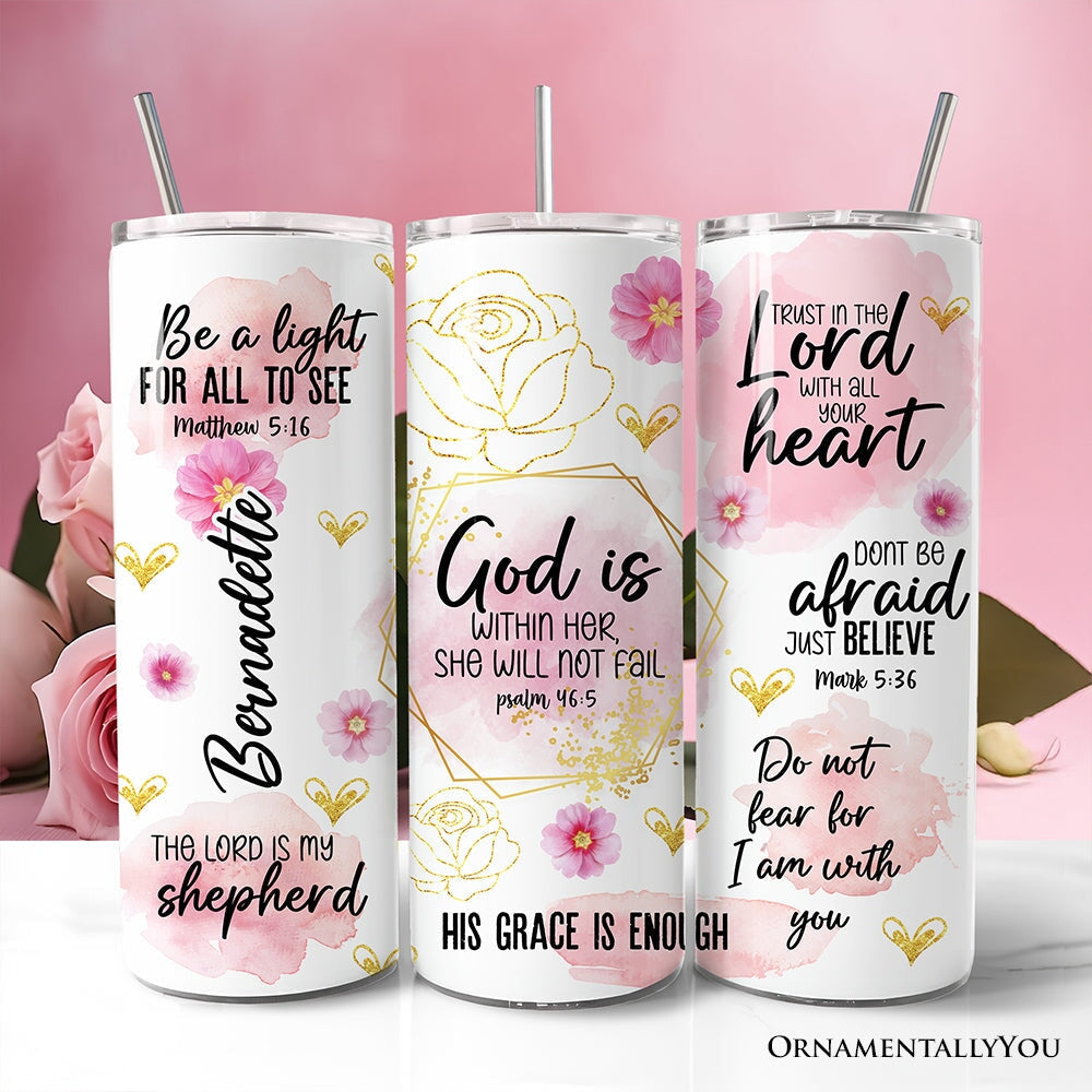 Pink Floral Bible Verses 20oz Personalized Tumbler With Lid and Stainless Steel Straw, Woman Christian Affirmation Gift Cup