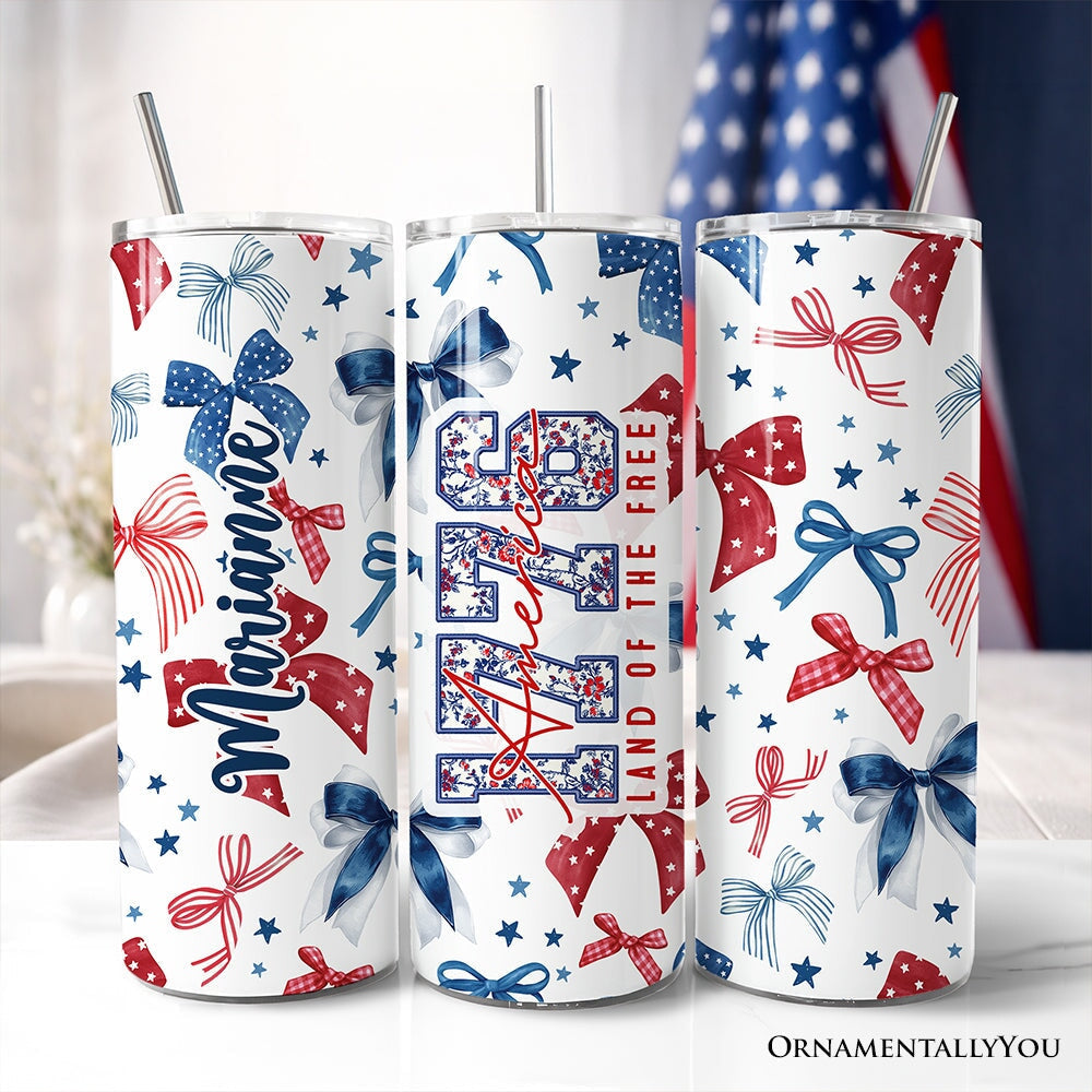 Retro Coquette America 1776 Floral 20oz Personalized Tumbler With Lid and Stainless Steel Straw, Land of the Free Patriotic Gift Cup