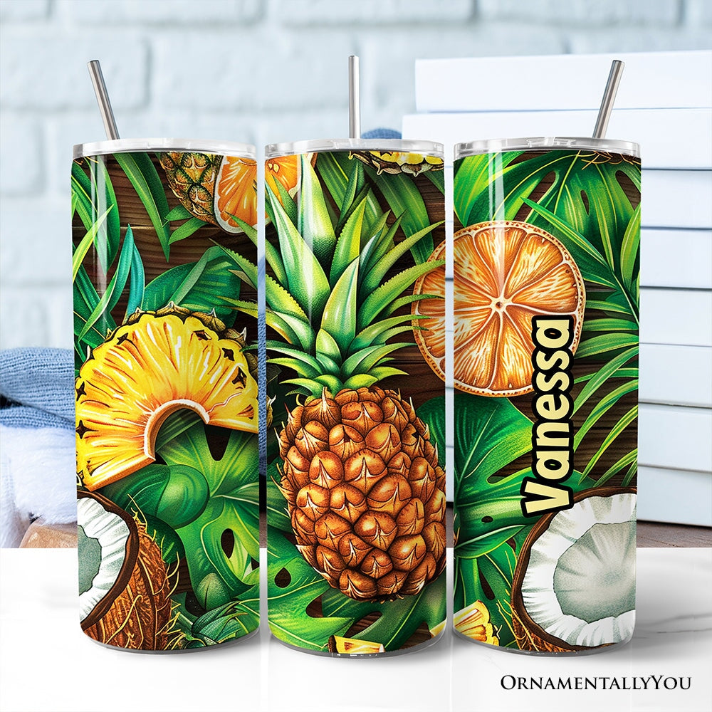 Tropical Pineapple, Citrus and Coconut 20oz Personalized Tumbler With Lid and Stainless Steel Straw, Exotic Summer Fruit Gift Cup