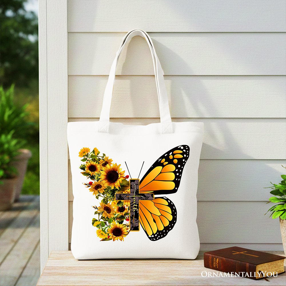 Faith Cross Butterfly Tote Bag, Christian Sunflower Floral Gift Shopper