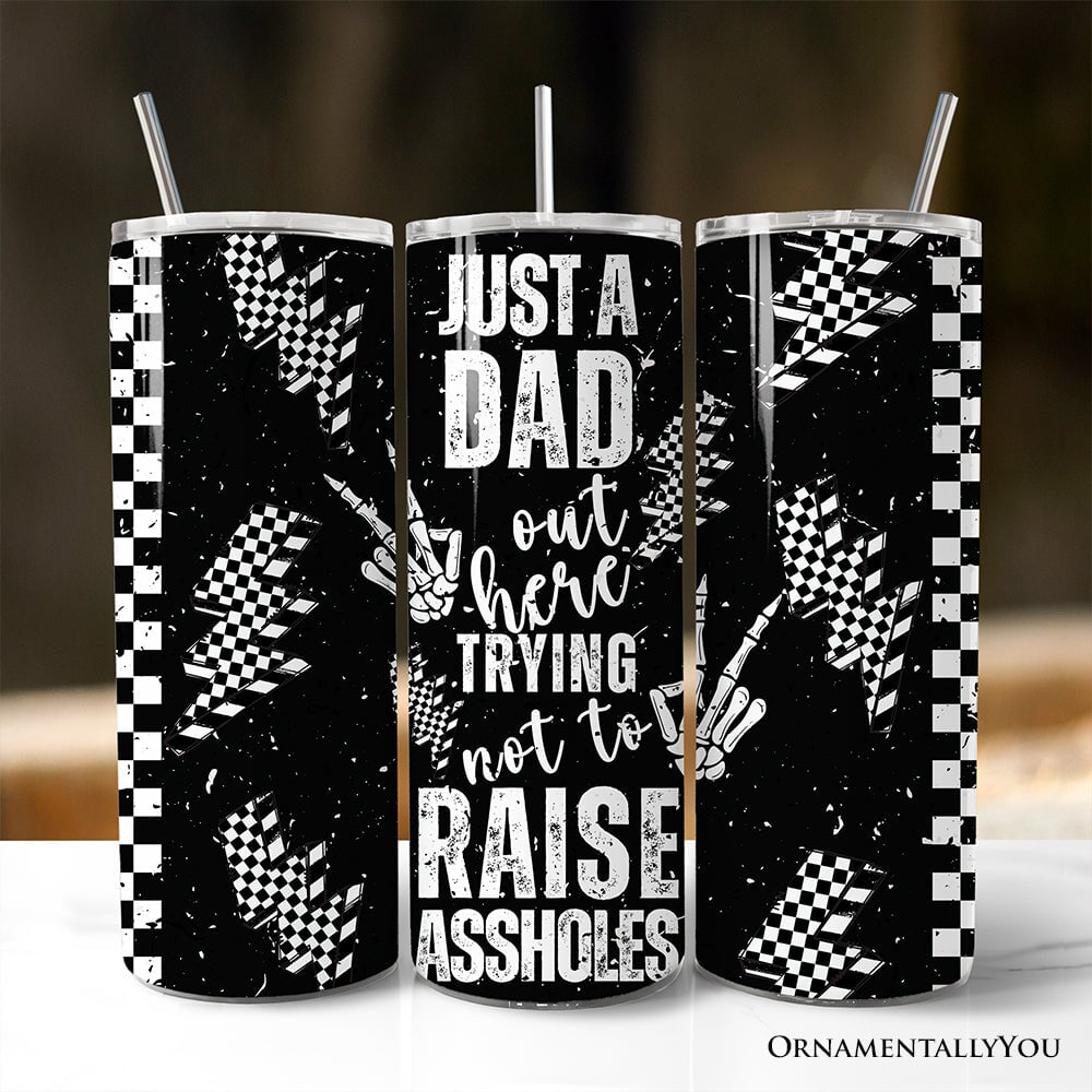 Just A Dad Checkered Lightning 20oz Personalized Tumbler With Lid and Stainless Steel Straw, Sarcastic Father's Day Humor Gift Cup