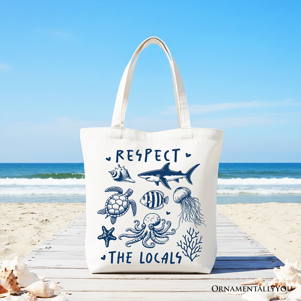 Respect the Locals Ocean Animals Canvas Tote Bag, Cute Vacation Gift Shopper
