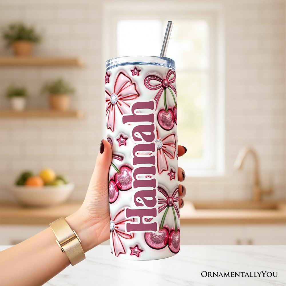Coquette Cherry Bows 3D Inflated Tumbler With Lid and Stainless Steel Straw, Spring Floral Travel Mug Gift