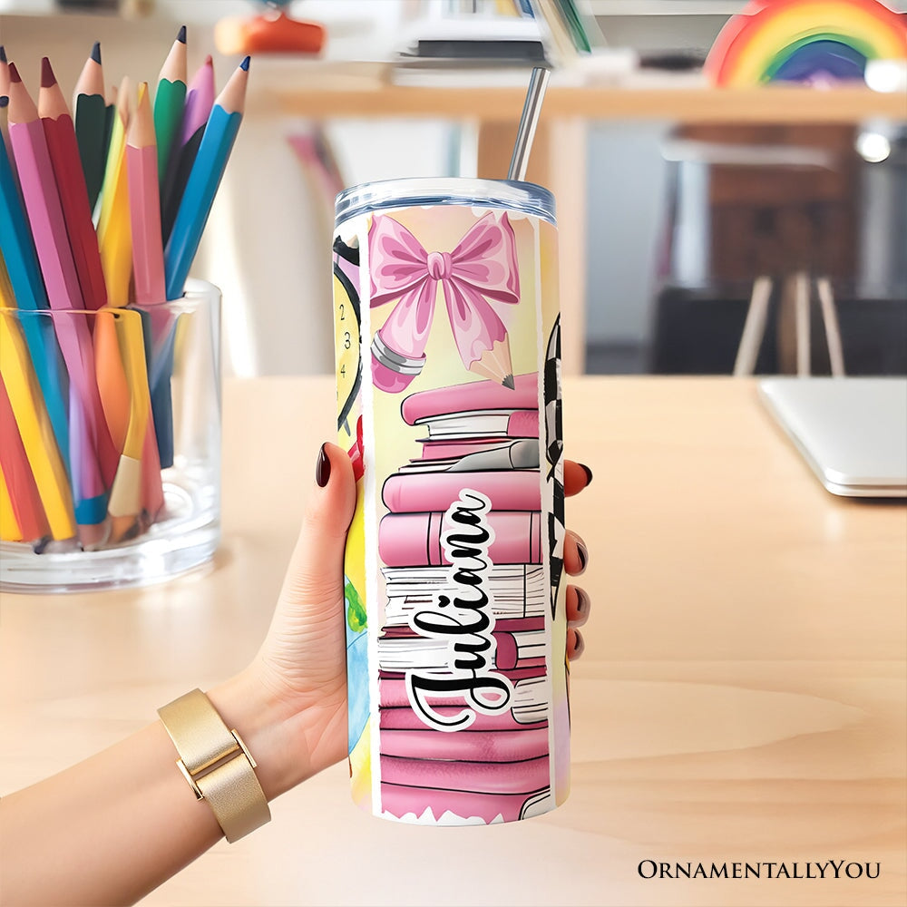 Coquette Pink Teacher 20oz Personalized Tumbler With Lid and Stainless Steel Straw, Retro School Brushstrokes Gift Cup