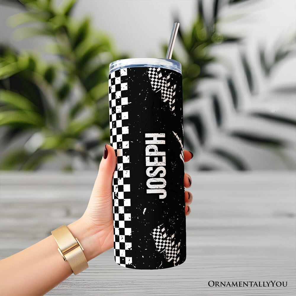 Just A Dad Checkered Lightning 20oz Personalized Tumbler With Lid and Stainless Steel Straw, Sarcastic Father's Day Humor Gift Cup