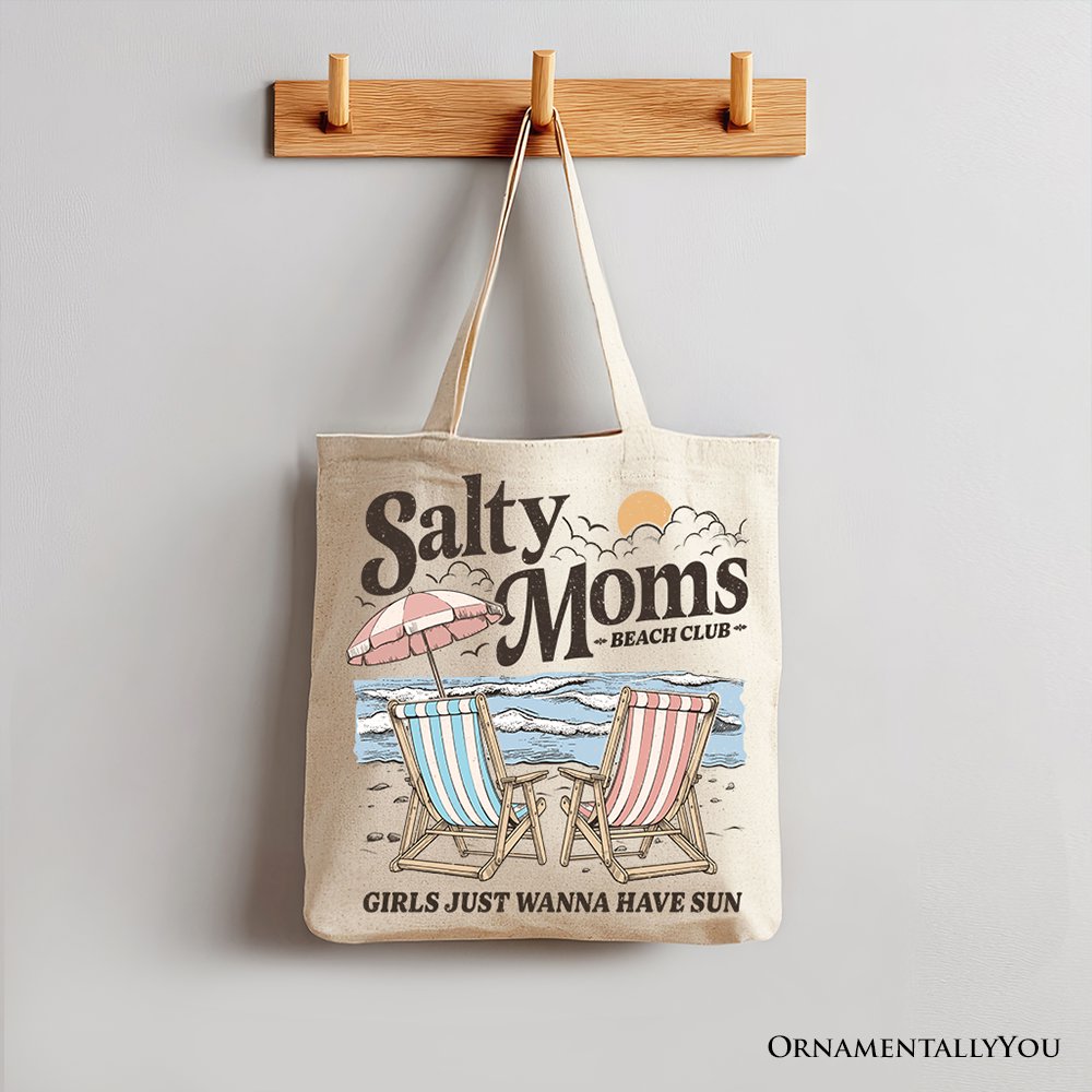 Salty Moms Beach Club Canvas Tote Bag, Retro Summer Gift for Ocean Loving Mothers