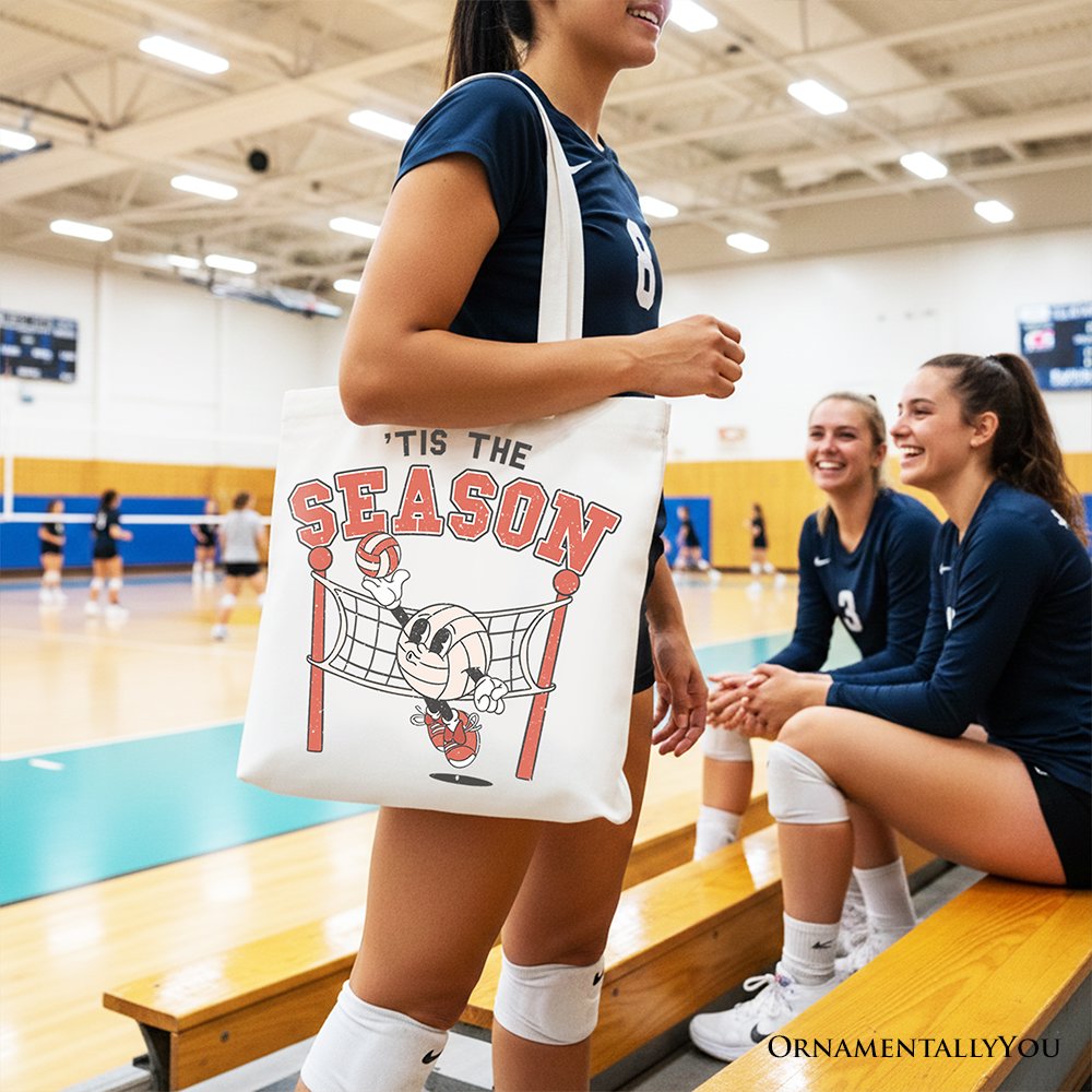 Tis the Season Volleyball Canvas Tote Bag, Retro Game Day Lightweight Sports Gift Bag