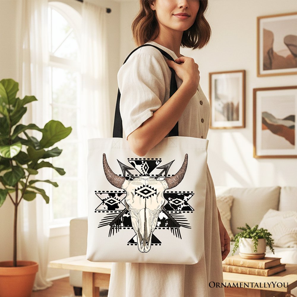 Aztec Tribal Bull Skull Canvas Tote Bag, Western Boho Gift Shopper
