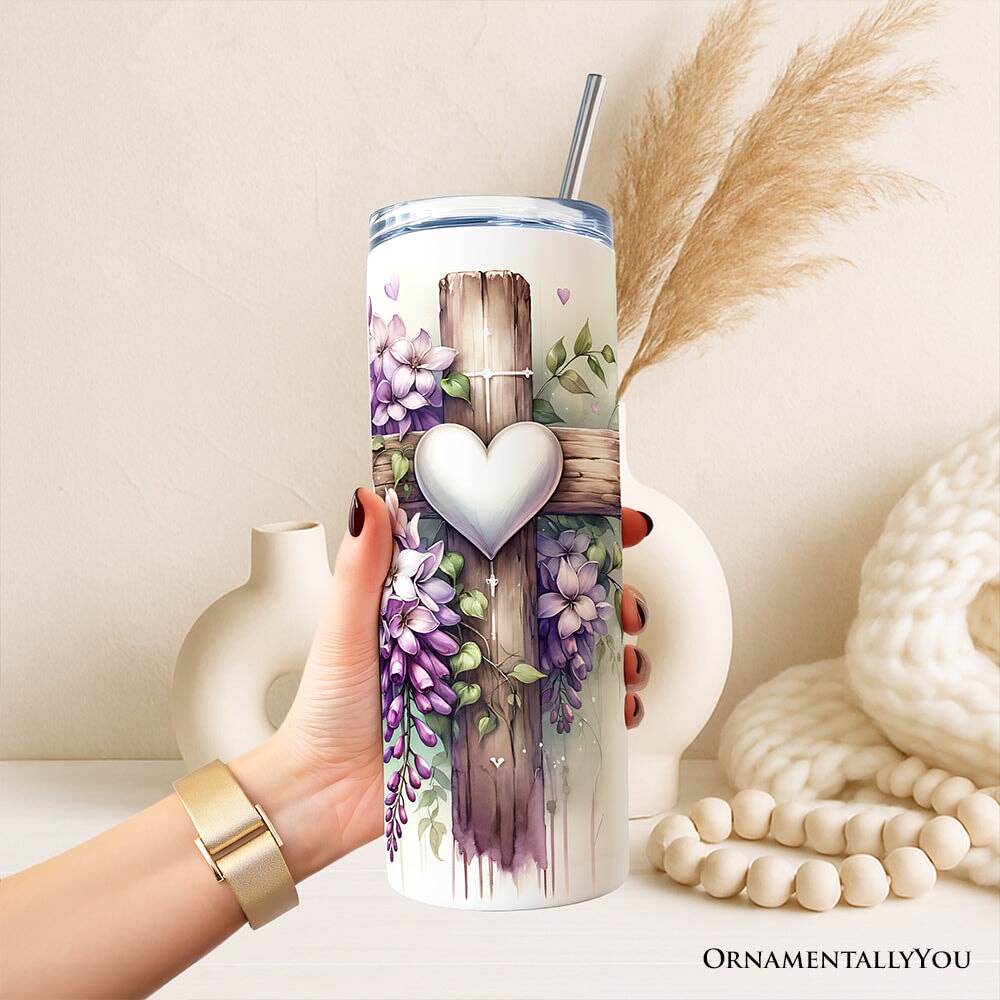 Christian Purple Wisteria Cross 20oz Personalized Tumbler With Lid and Stainless Steel Straw, Blessed Beyond Measure Gift Cup