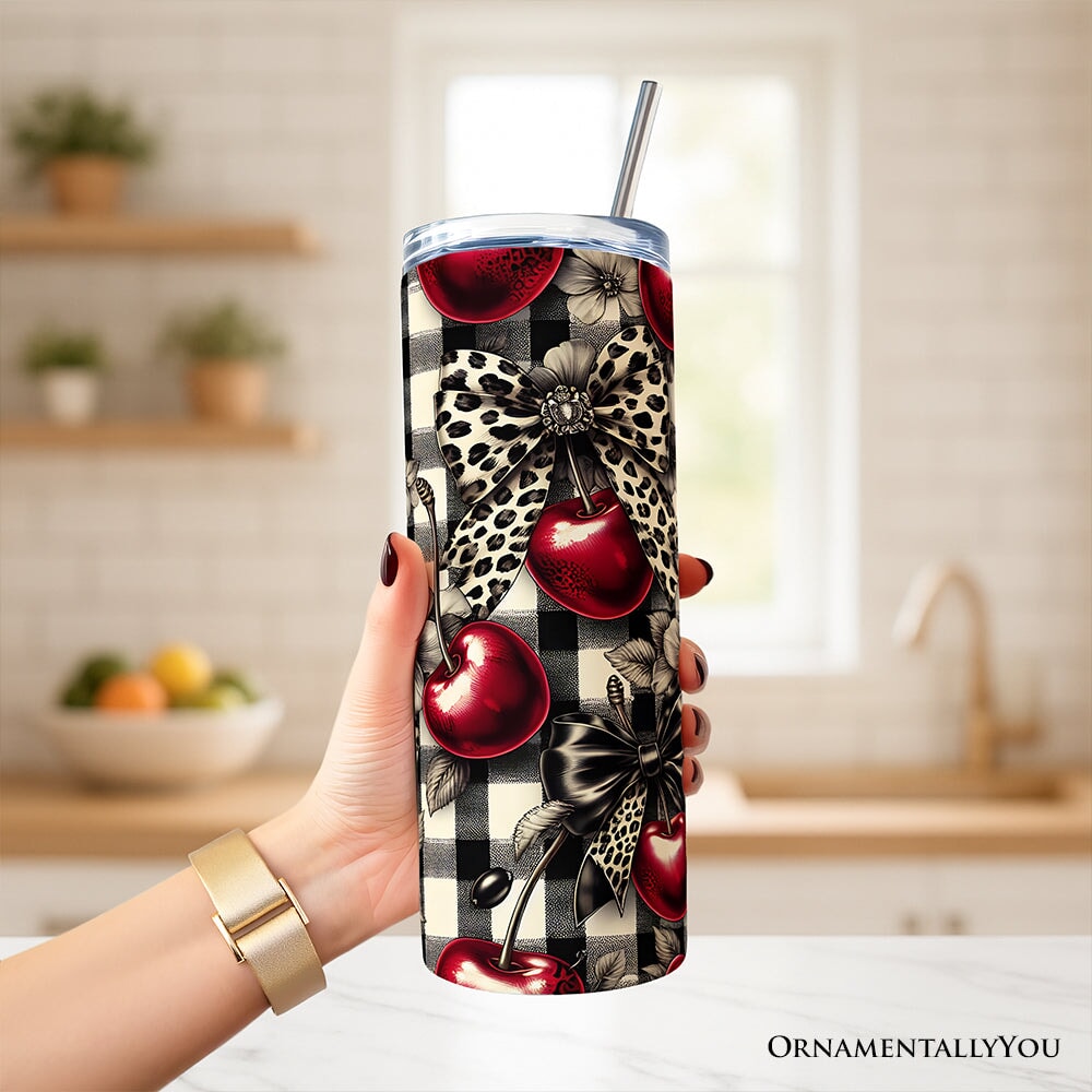 Coquette Cherries And Bows 20oz Personalized Tumbler With Lid and Stainless Steel Straw, Vintage Girly Buffalo Plaid Gift Cup