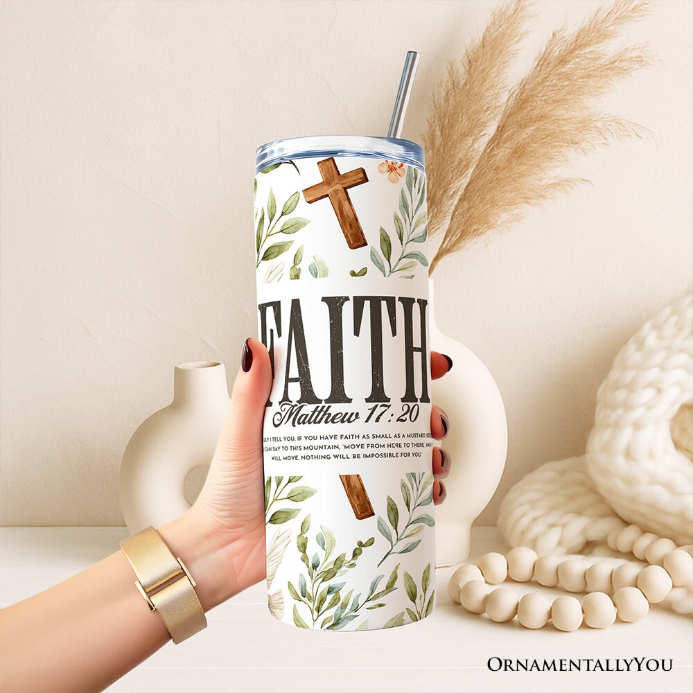 Faith Matthew 17:20 Christian 20oz Personalized Tumbler With Lid and Stainless Steel Straw, Bible Verse Inspirational Gift Cup