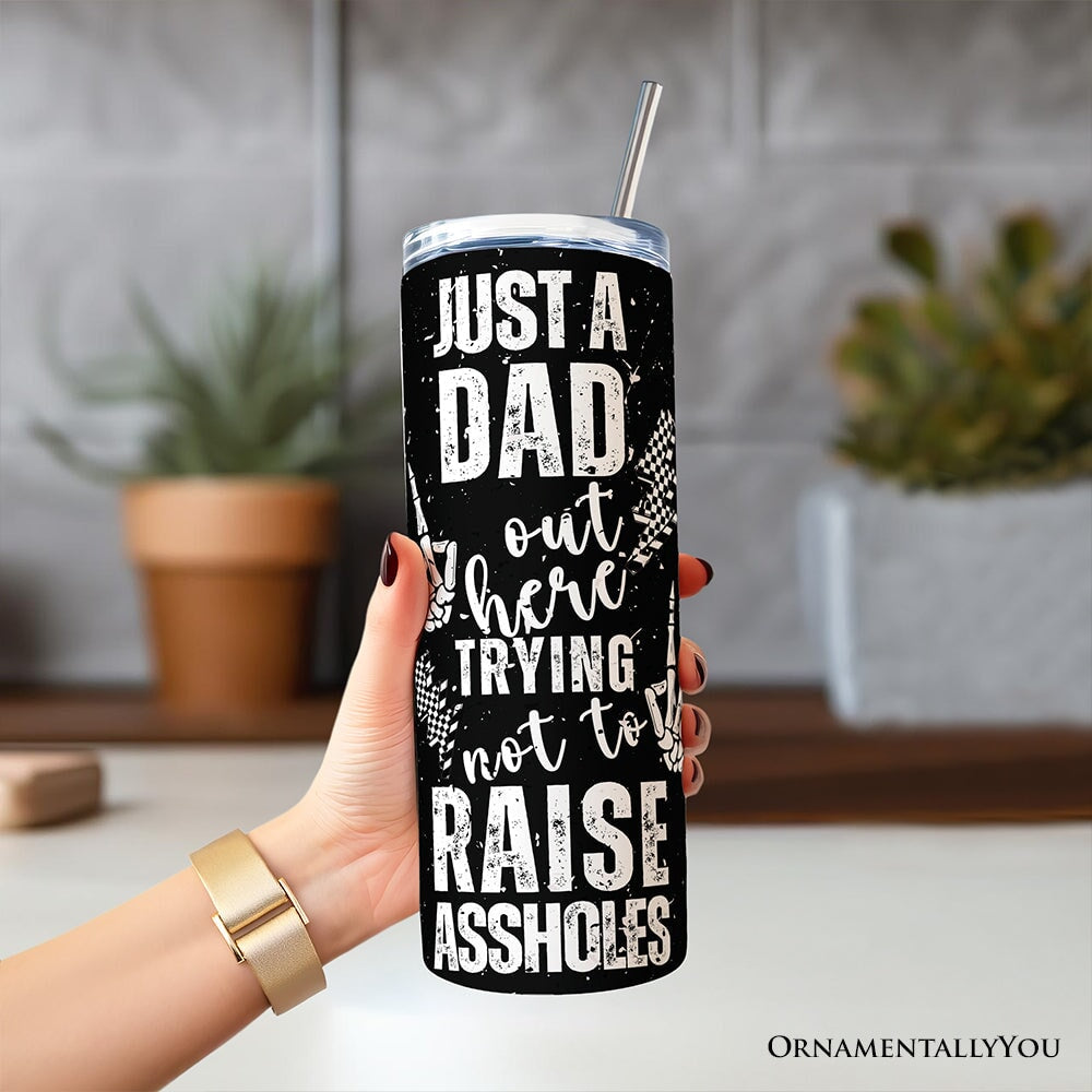 Just A Dad Checkered Lightning 20oz Personalized Tumbler With Lid and Stainless Steel Straw, Sarcastic Father's Day Humor Gift Cup