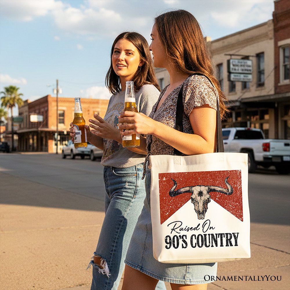 Raised On 90s Country Tote Bag, Vintage Bull Skull Gift Shopper