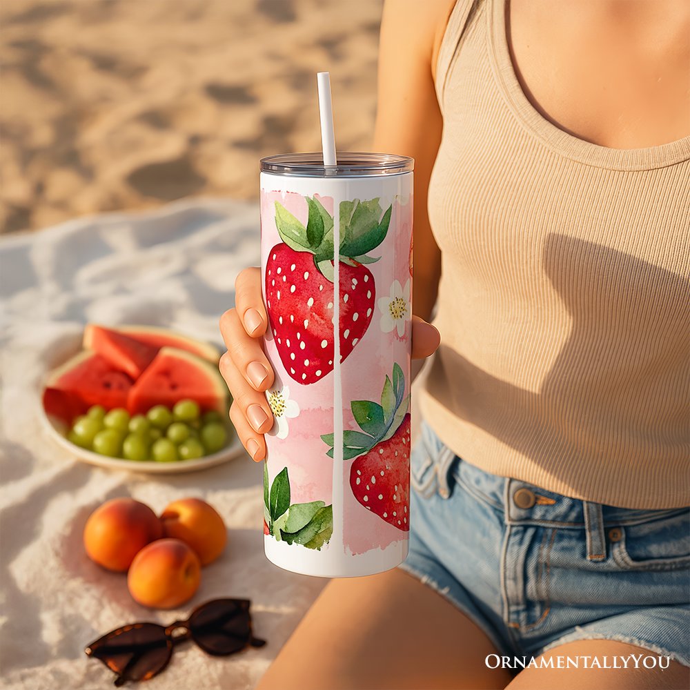 Strawberry Pattern 20oz Personalized Tumbler With Lid and Stainless Steel Straw, Summer Pink Girly Travel Mug Gift
