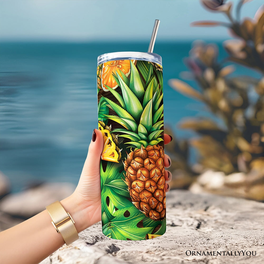 Tropical Pineapple, Citrus and Coconut 20oz Personalized Tumbler With Lid and Stainless Steel Straw, Exotic Summer Fruit Gift Cup