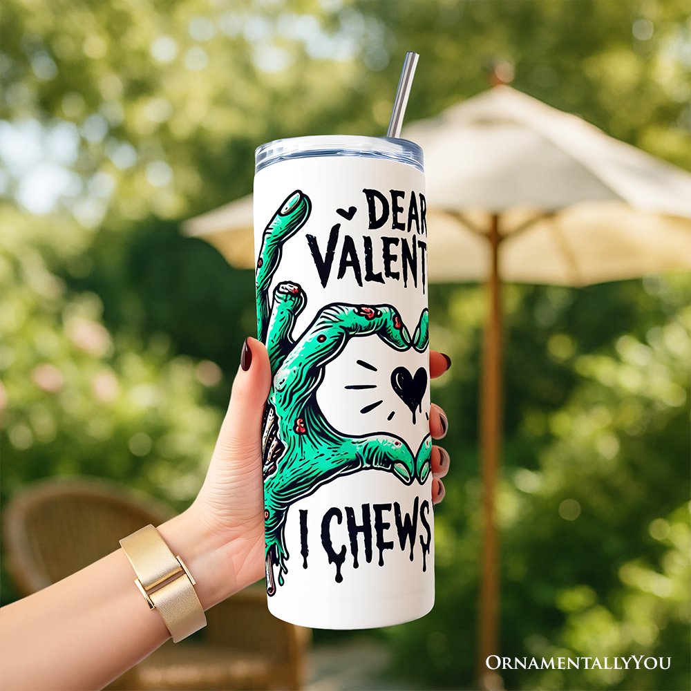 Zombie Valentine Hands I Chews You Tumbler With Lid and Stainless Steel Straw, Funny Travel Mug Gift for Horror Spring Season