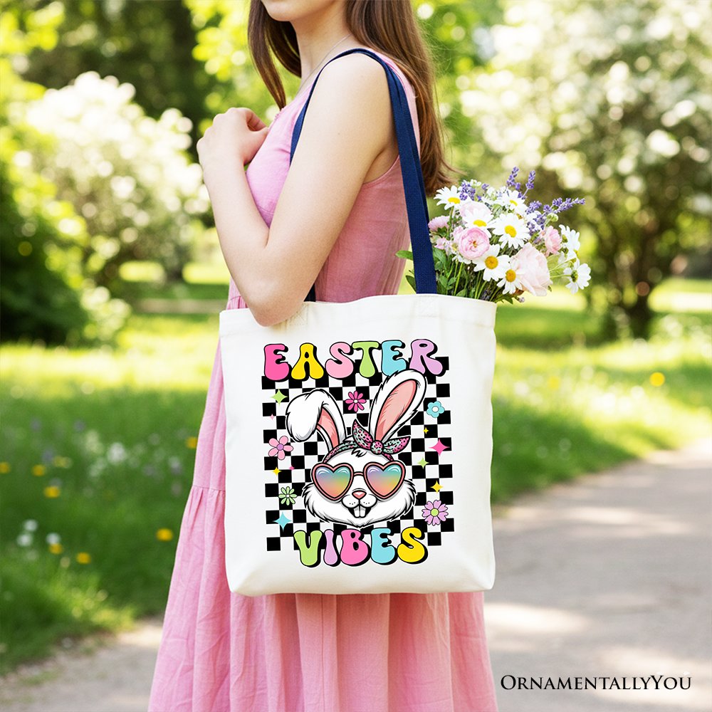 Retro Easter Bunny Sunglasses Tote Bag, Groovy Checkered Gift Shopper