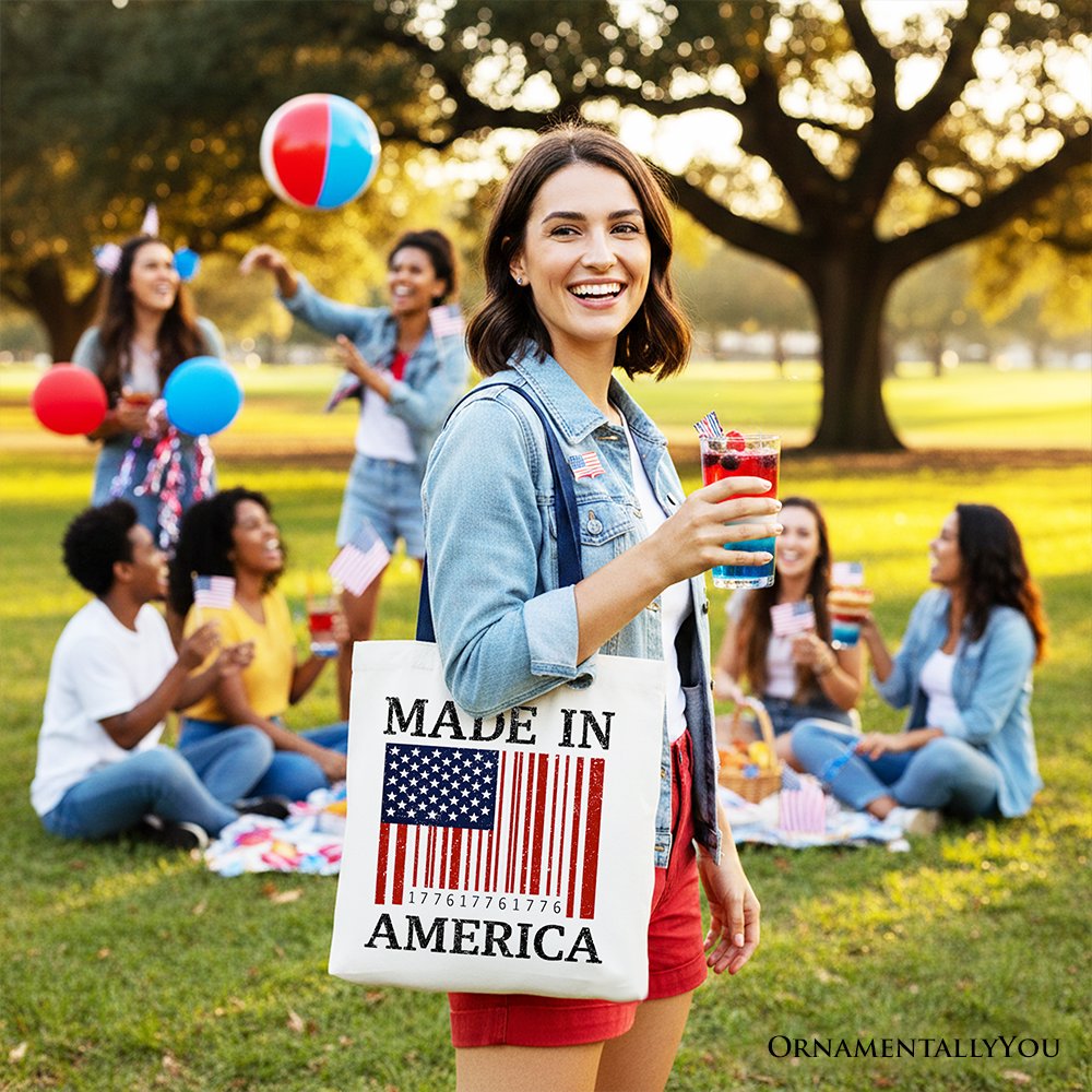 Made In America Bar Code Flag Tote Bag, Patriotic 1776 USA 250th Anniversary Gift Shopper