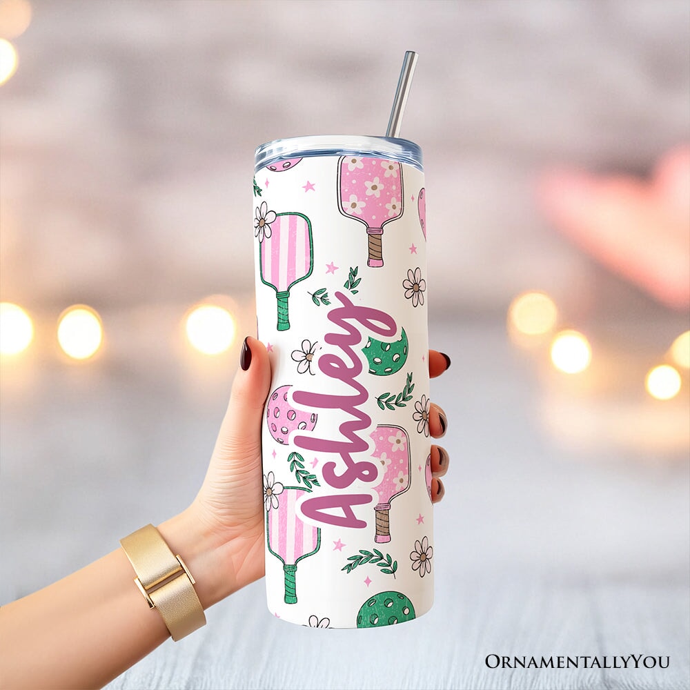 Sporty Coquette Pink Retro Pickleball 20oz Personalized Tumbler With Lid and Stainless Steel Straw, Valentine Travel Mug Gift