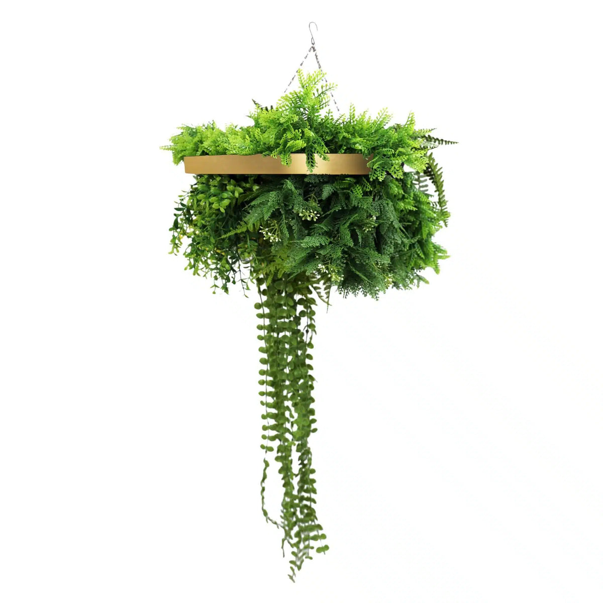 Artificial Green Wall Disc Draping Plant Arrangement 16in – Gold Frame – UV Resistant