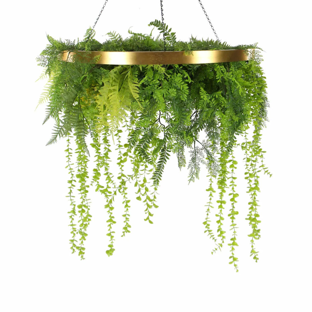 Imitation Gold Artificial Hanging Green Wall Disc Draping Plant Arrangement 32in – Limited Edition – UV Resistant