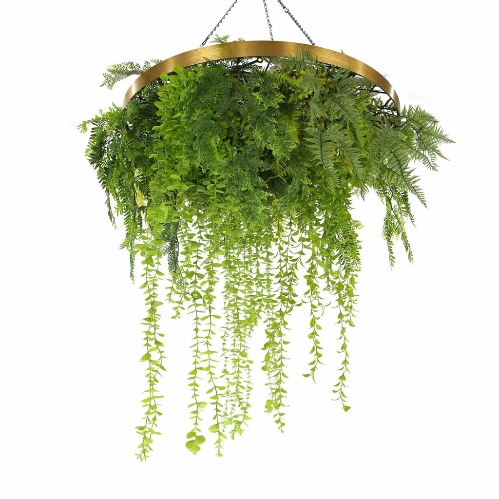 Imitation Gold Artificial Hanging Green Wall Disc Draping Plant Arrangement 32in – Limited Edition – UV Resistant