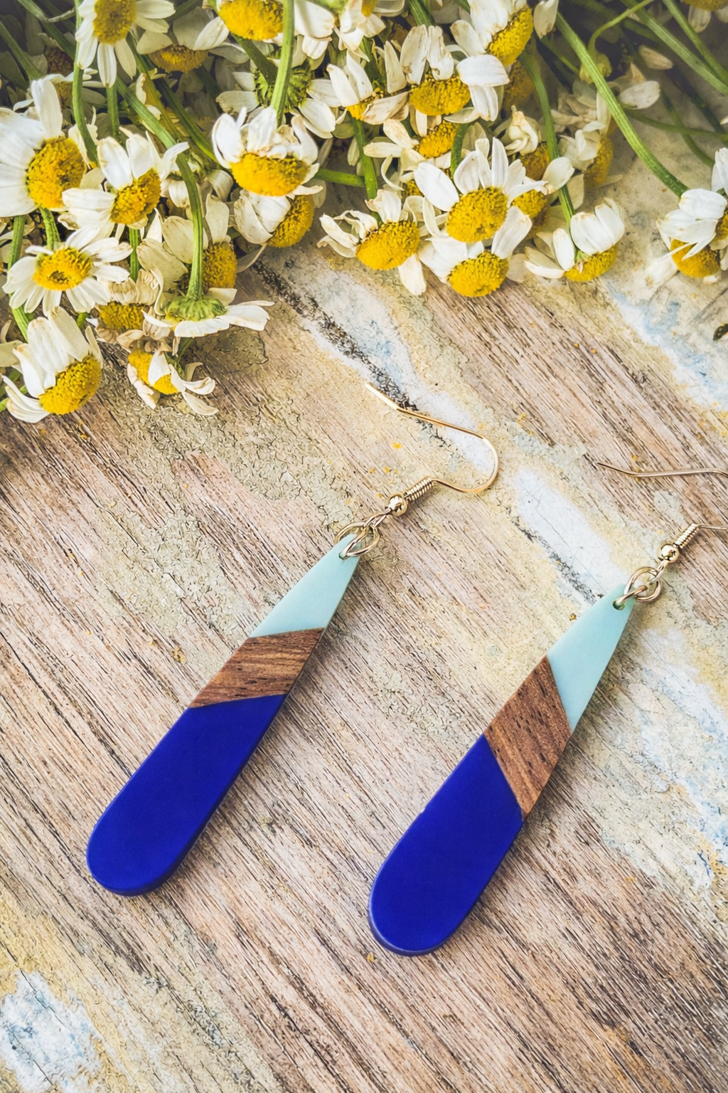Beautiful Blue Resin and Wood Earrings
